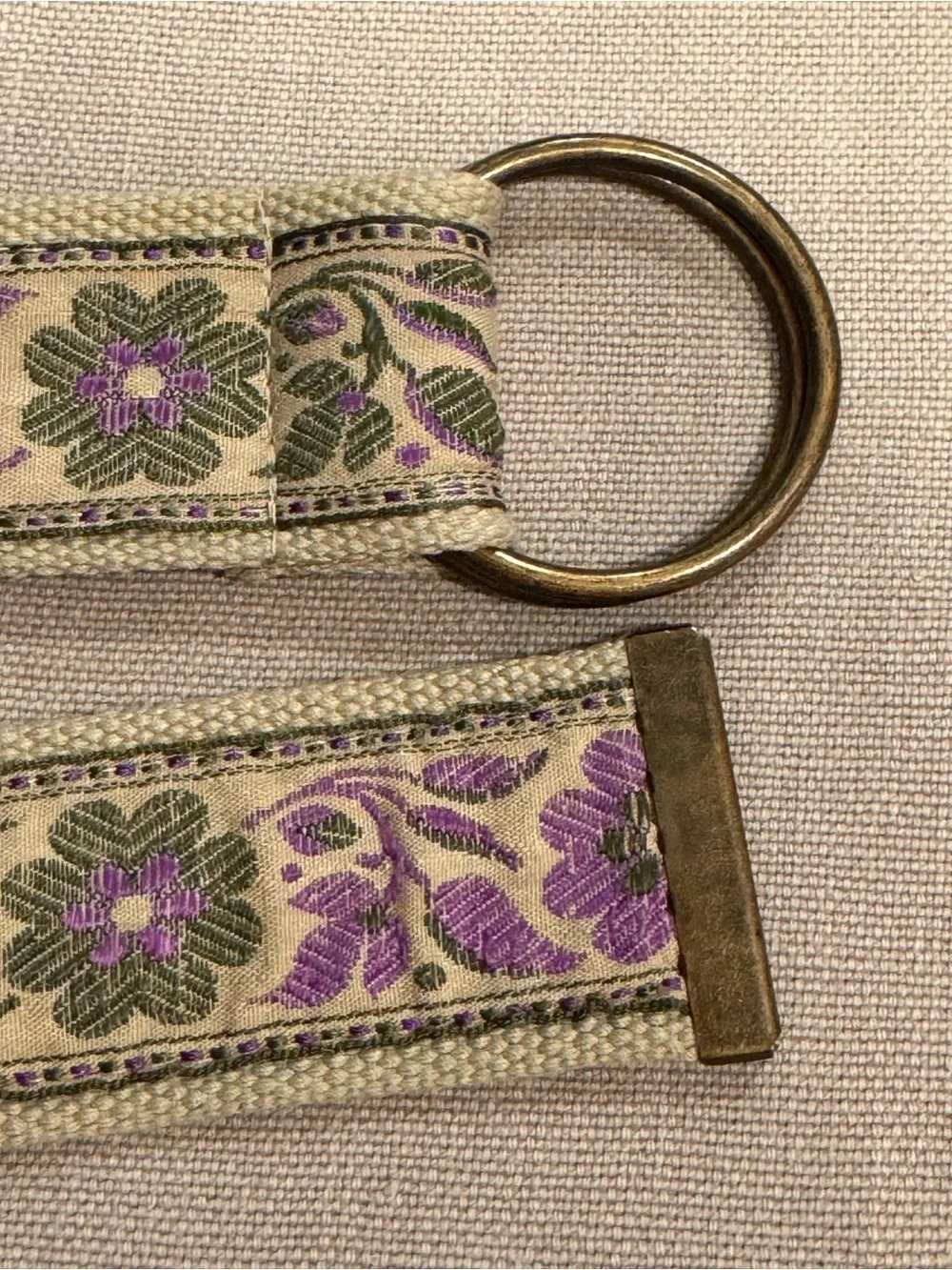 Vintage Floral Woven Jacquard Canvas D-Ring Belt Purple Green Folk Cottagecore